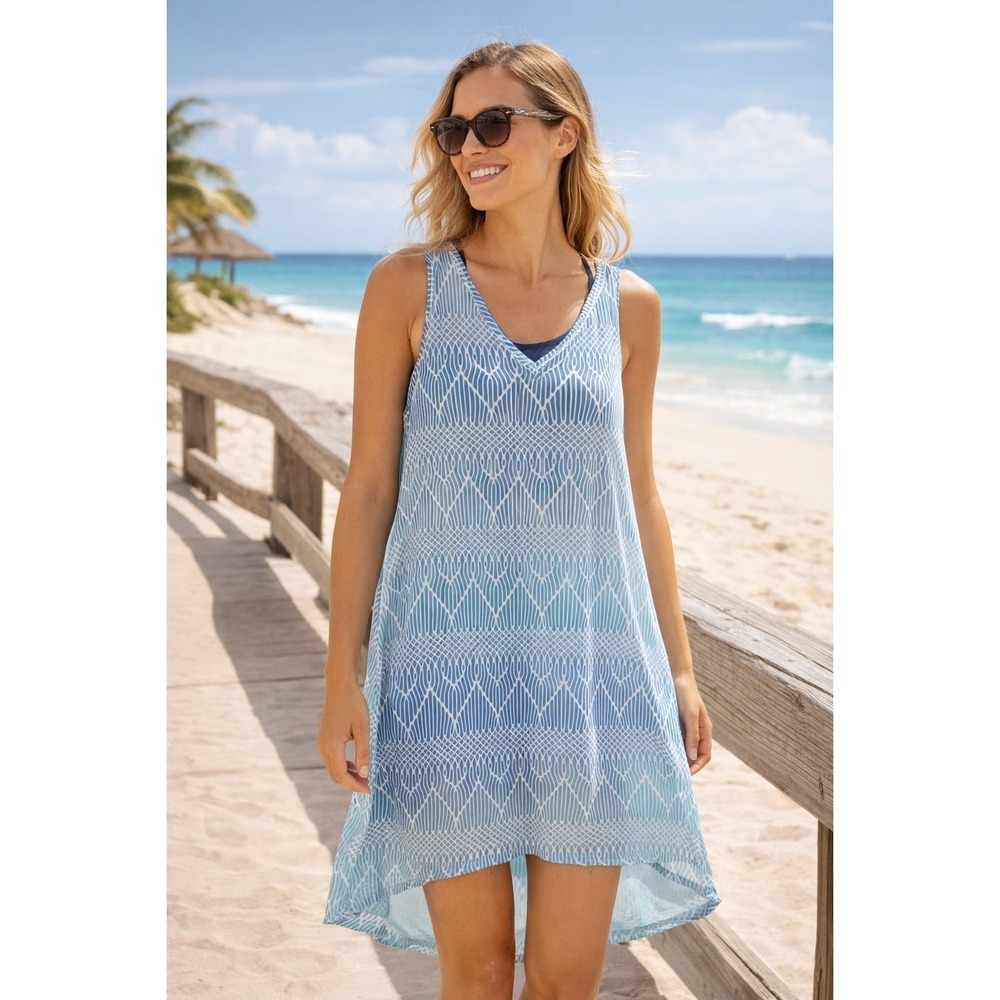Blue Swim Cover Up Dress Geometric Beach Tank High Low Coastal Resort Pool M